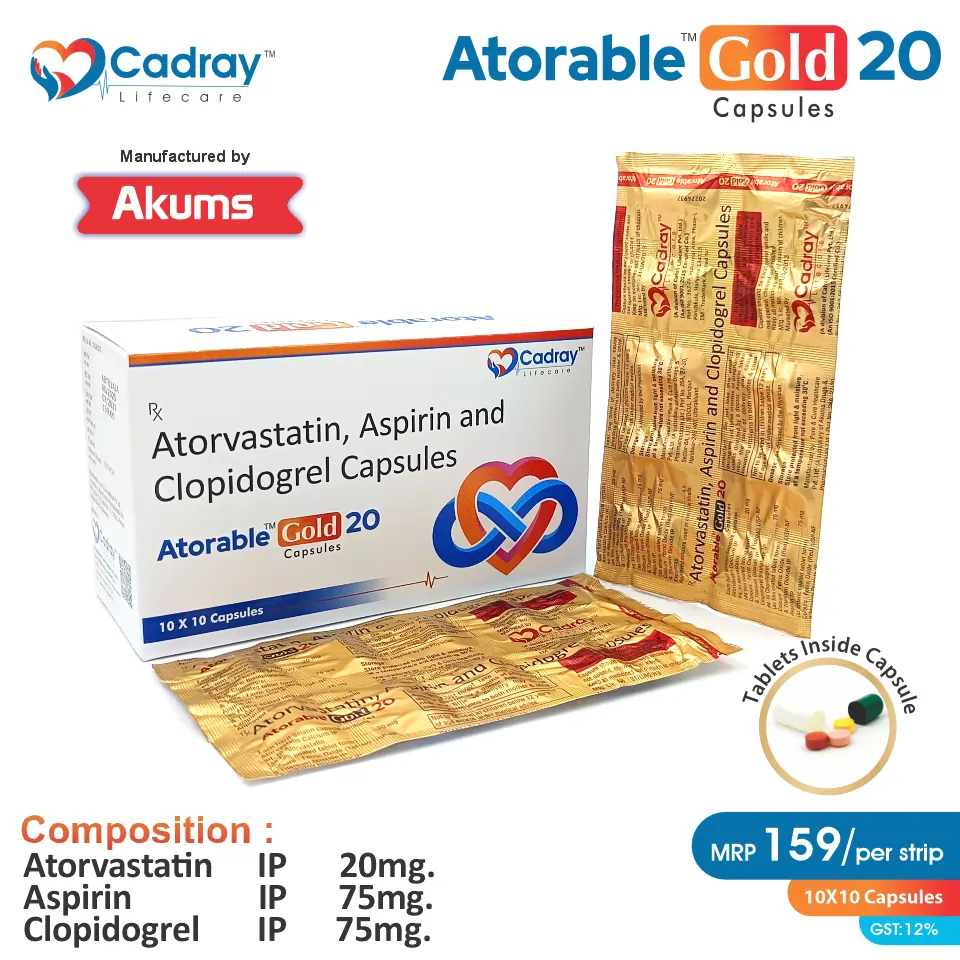 Atorvastatin 20mg + Clopidogrel 75mg + Aspirin 75mg Capsule | Antiplatelet & Lipid-Lowering | Best price for PCD Pharma Franchise in Nagpur